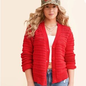 New! Zsupply Red Open-Knit Button Cardigan Sweater